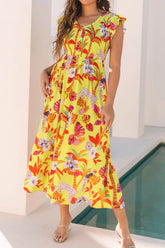 Cheetah Plant Print Shirred Button V Neck Maxi Dress OutfitFlow